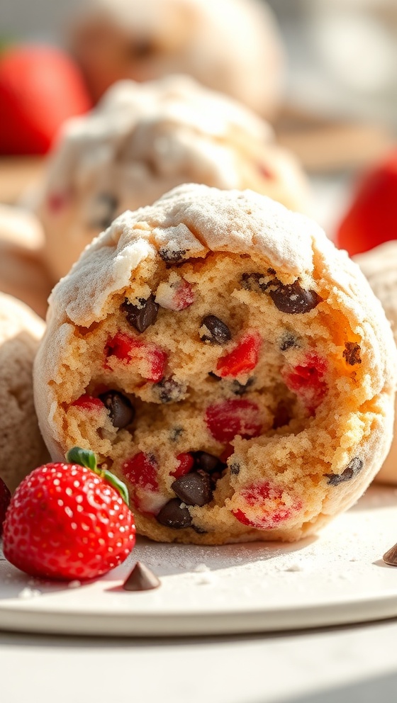 Strawberry Chocolate Chip Snowball Cookies